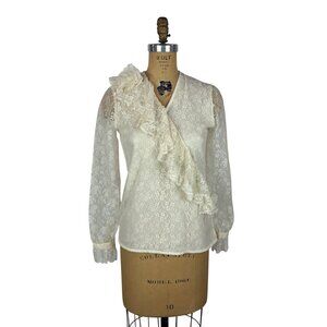 Vintage 80s Lace Blouse Womens Small Cream Surplice Ruffle Long Sleeve Shirt Ros
